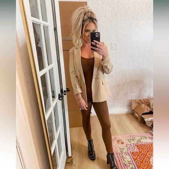 Brown Ribbed One Piece Long Sleeve Jumpsuit - Picture 1 of 2